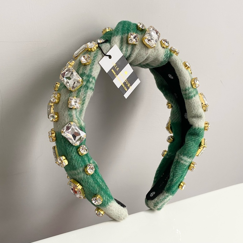 Lele Sadoughi Crystal Rhinestone Gold Green White Plaid Knot Headband Hairband